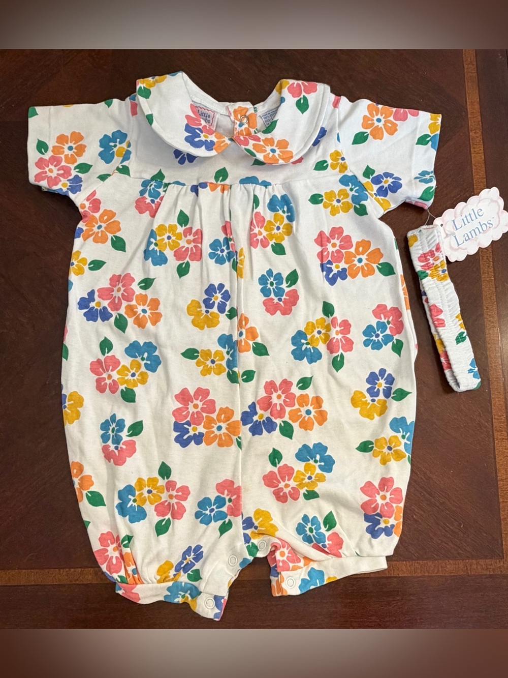 Little Lambs Floral Peter Pan Collar Baby Romper with Matching Headband 24 MTHS
